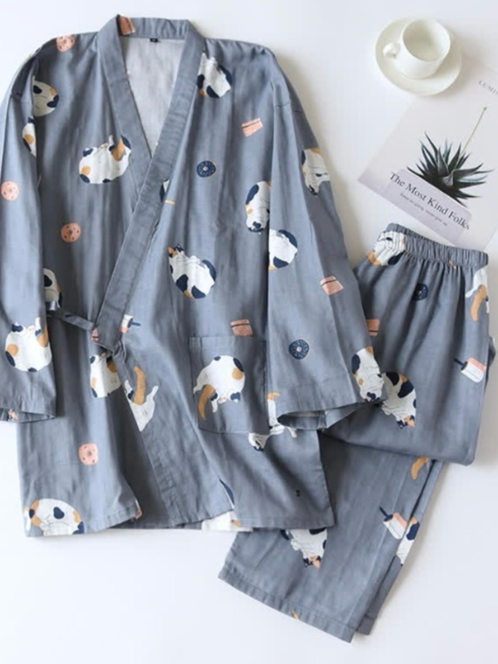 Ownkoti Matching Cat Kimono Cotton Gauze Loungewear